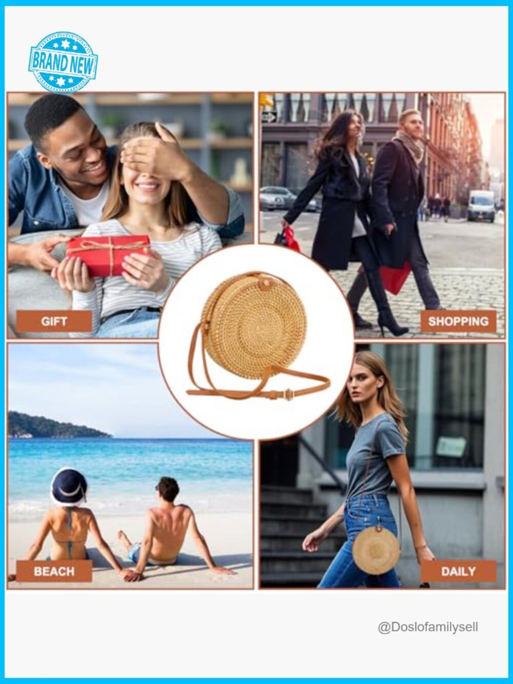 Handwoven Round Rattan Crossbody Bag Boho Straw Beach Travel Shoulder Purse - Picture 7 of 7
